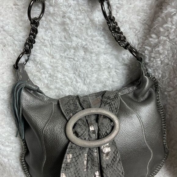 CHI by Carlos Falchil Hobo leather gray shoulder bag with shake skin flap& strap - Picture 9 of 13